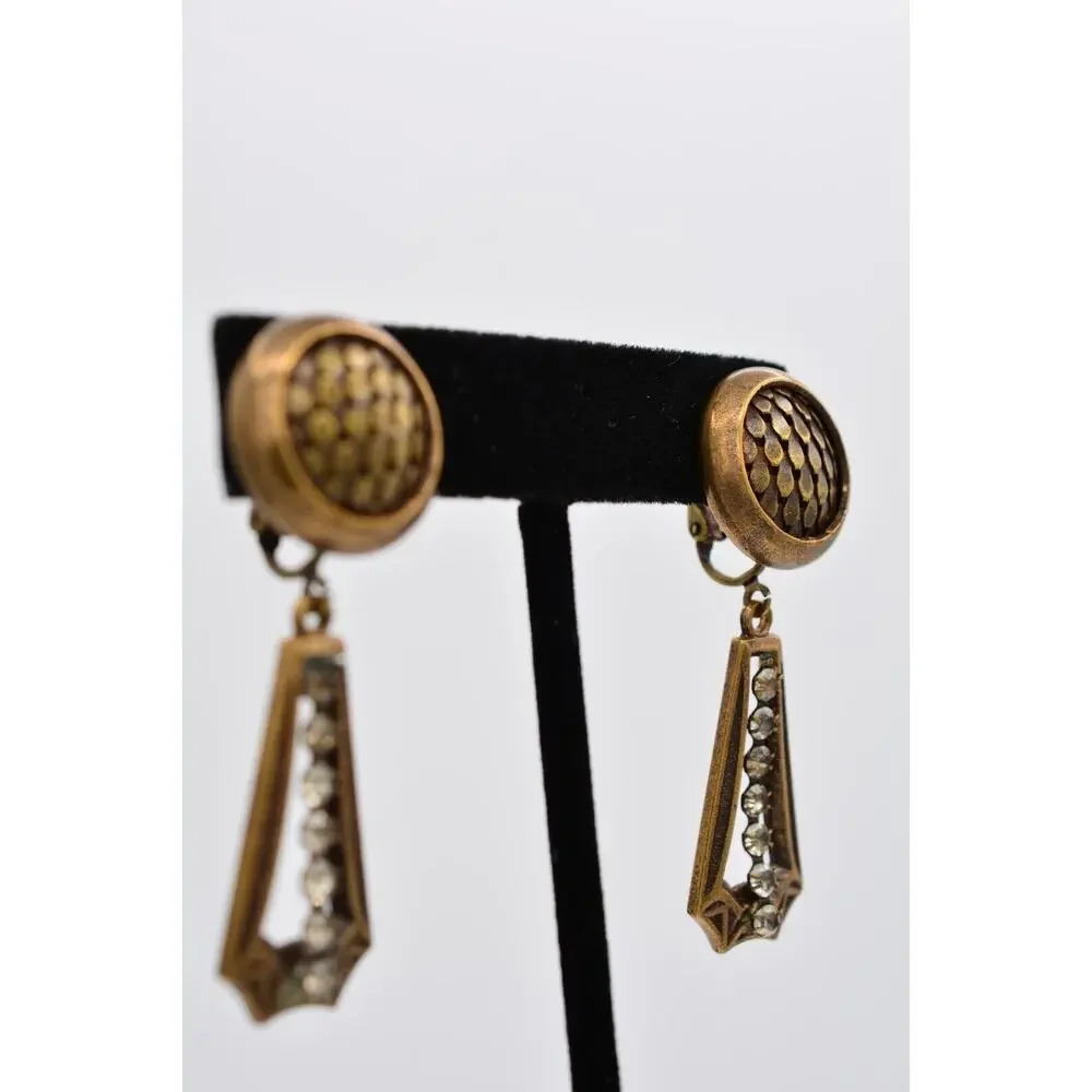 Vintage Dangle Clip On Earrings Rustic Brass Tone Rhinestone Crystal 1980s 9H
